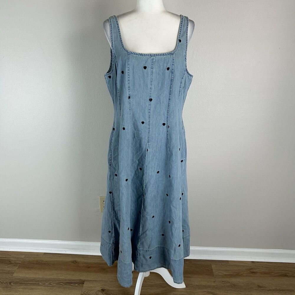 XL Jean Denim Dress Embroidered Hearts Midi Long Country Cottage Peasant A-line